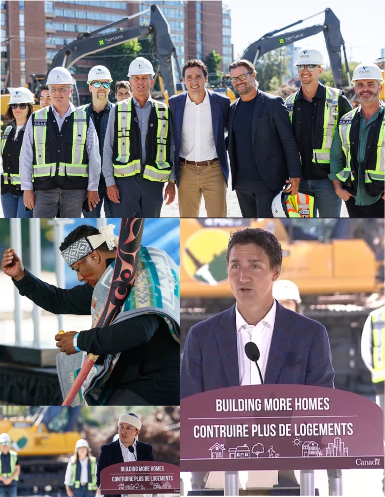 Photo collage of Prime Minister Justin Trudeau and indigenous leaders at False Creek.